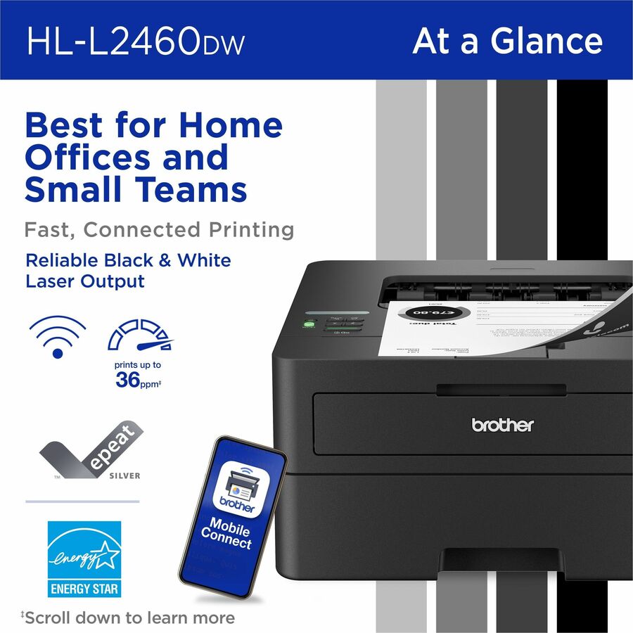 36 ppm Mono - 1200 x 1200 dpi Print - Automatic Duplex Print - 250 Sheets Input - Ethernet - Wireless LAN - Apple AirPrint, Mopria, Brother Mobile Connect - 35000 Pages Duty Cycle - Plain Paper Print - USB