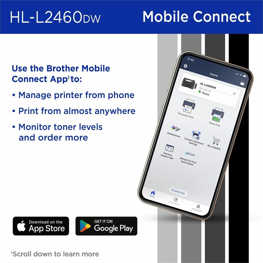 36 ppm Mono - 1200 x 1200 dpi Print - Automatic Duplex Print - 250 Sheets Input - Ethernet - Wireless LAN - Apple AirPrint, Mopria, Brother Mobile Connect - 35000 Pages Duty Cycle - Plain Paper Print - USB