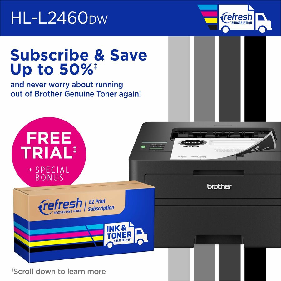 36 ppm Mono - 1200 x 1200 dpi Print - Automatic Duplex Print - 250 Sheets Input - Ethernet - Wireless LAN - Apple AirPrint, Mopria, Brother Mobile Connect - 35000 Pages Duty Cycle - Plain Paper Print - USB