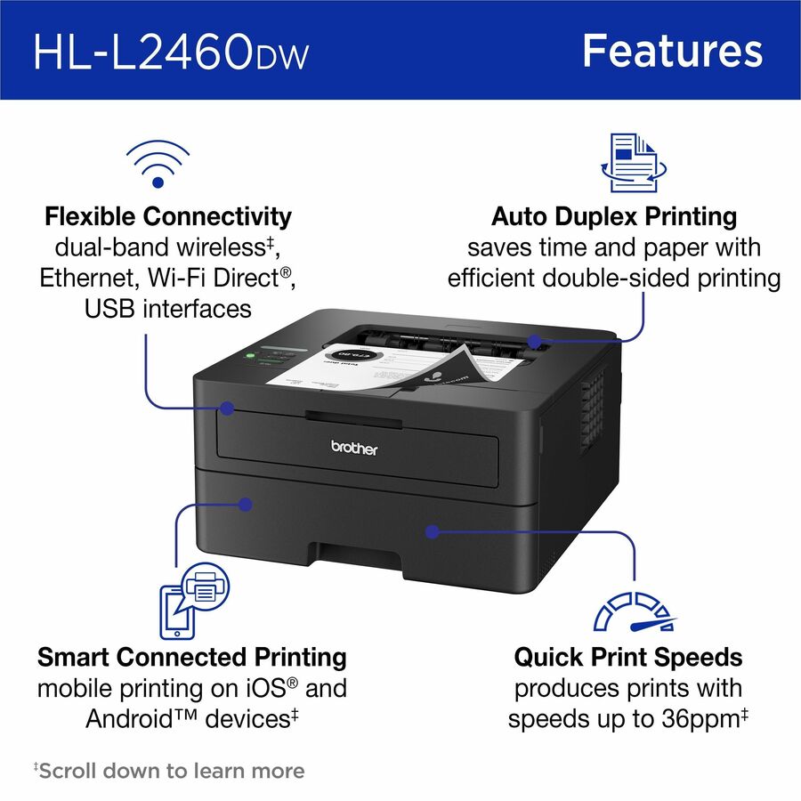 36 ppm Mono - 1200 x 1200 dpi Print - Automatic Duplex Print - 250 Sheets Input - Ethernet - Wireless LAN - Apple AirPrint, Mopria, Brother Mobile Connect - 35000 Pages Duty Cycle - Plain Paper Print - USB