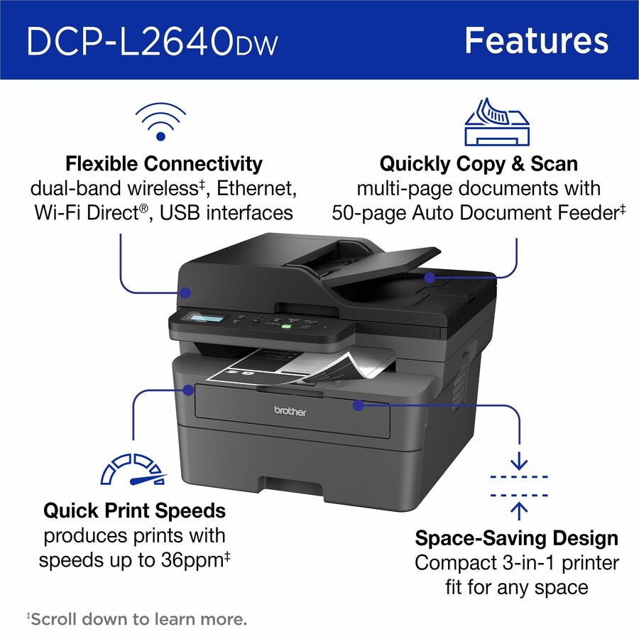 Copier/Printer/Scanner - 23.6 ppm Mono Print - 1200 x 1200 dpi Print - Automatic Duplex Print - Wireless LAN - Apple AirPrint, Mopria - USB - For Plain Paper Print - 1 Each