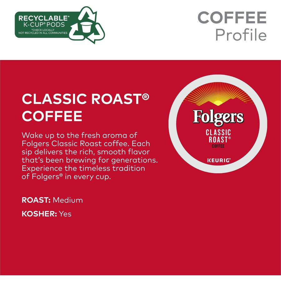 Folger K-Cup Classic Roast Coffee - Compatible with Keurig K-Cup Brewer - American - Medium - 24 K-Cup - K-Cup - Classic Roast - Kosher - 24 / Box