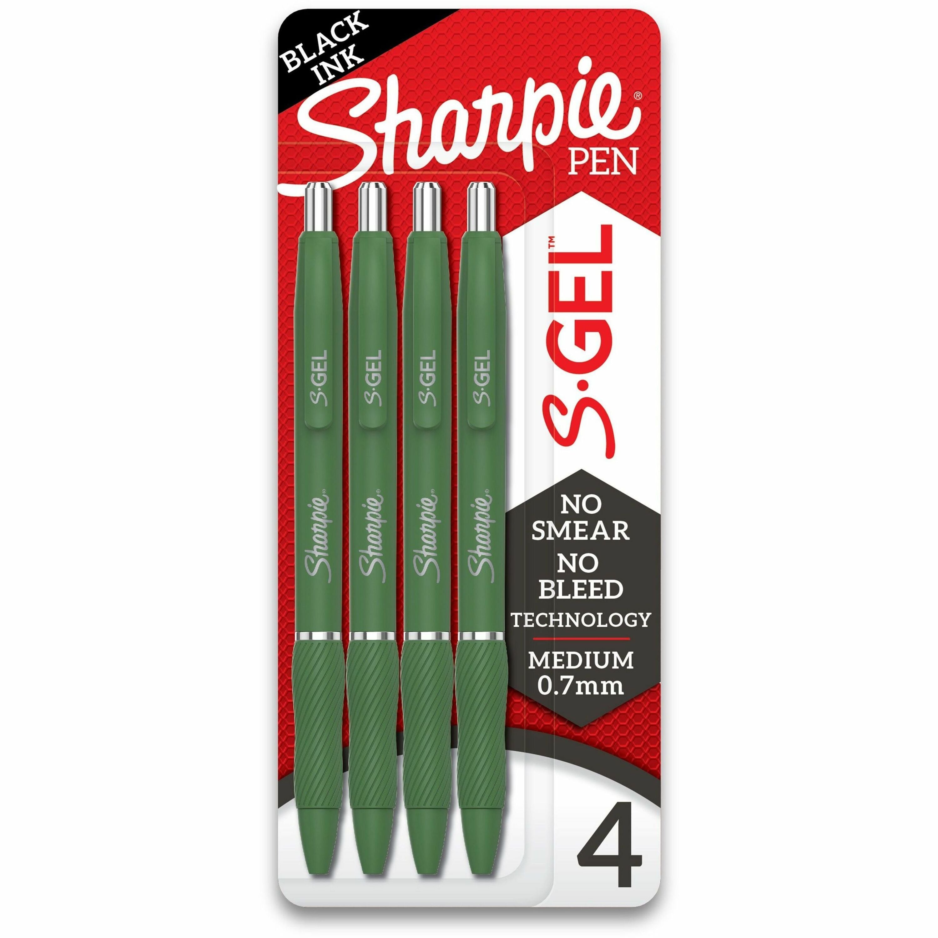 0.7 mm Medium, Bold Pen Point - Retractable - Black Ink - Gel-based - Forest Green Plastic Barrel - 4 / Pack