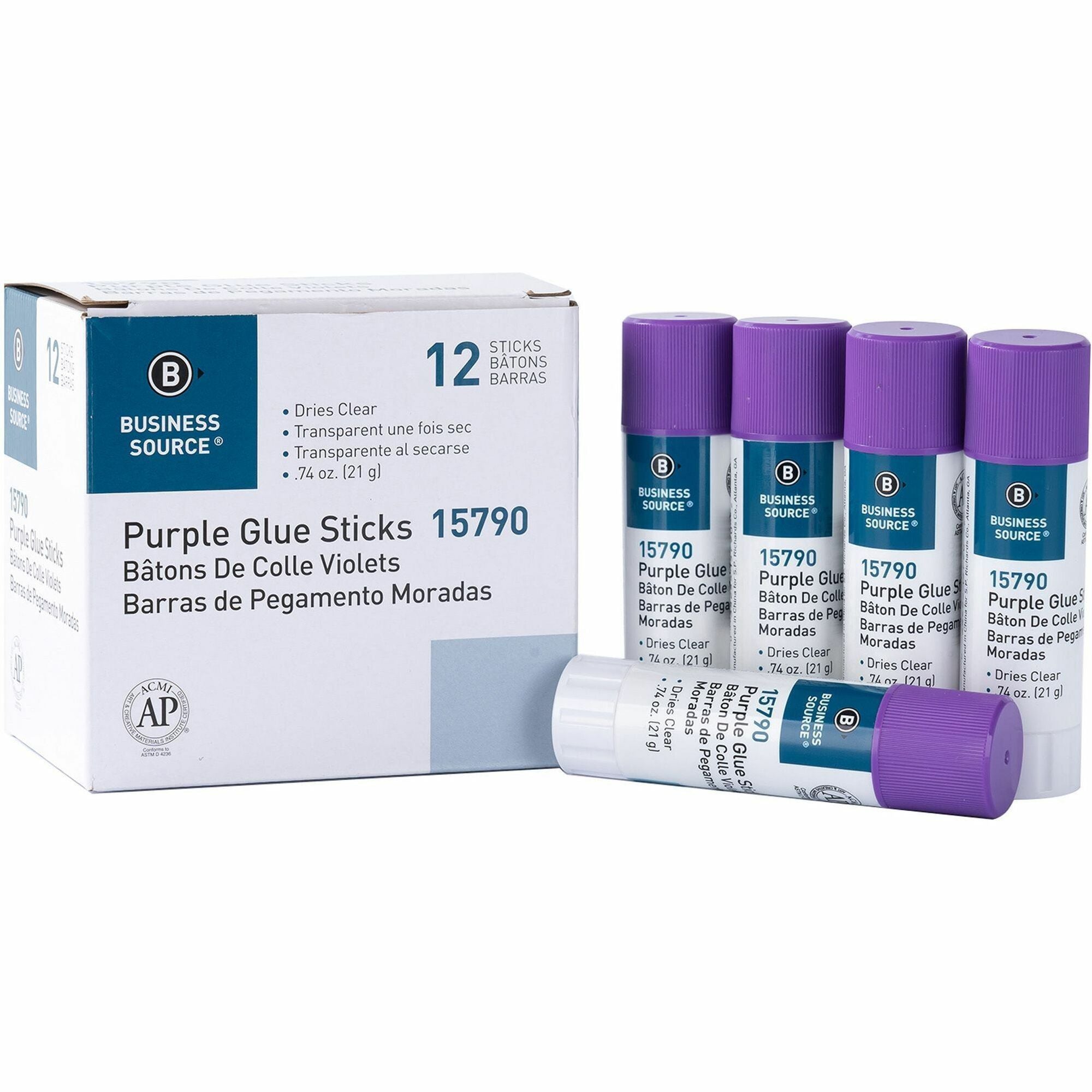 Business Source Bulk Purple Glue Sticks, 0.74 oz, Purple, 12/Box