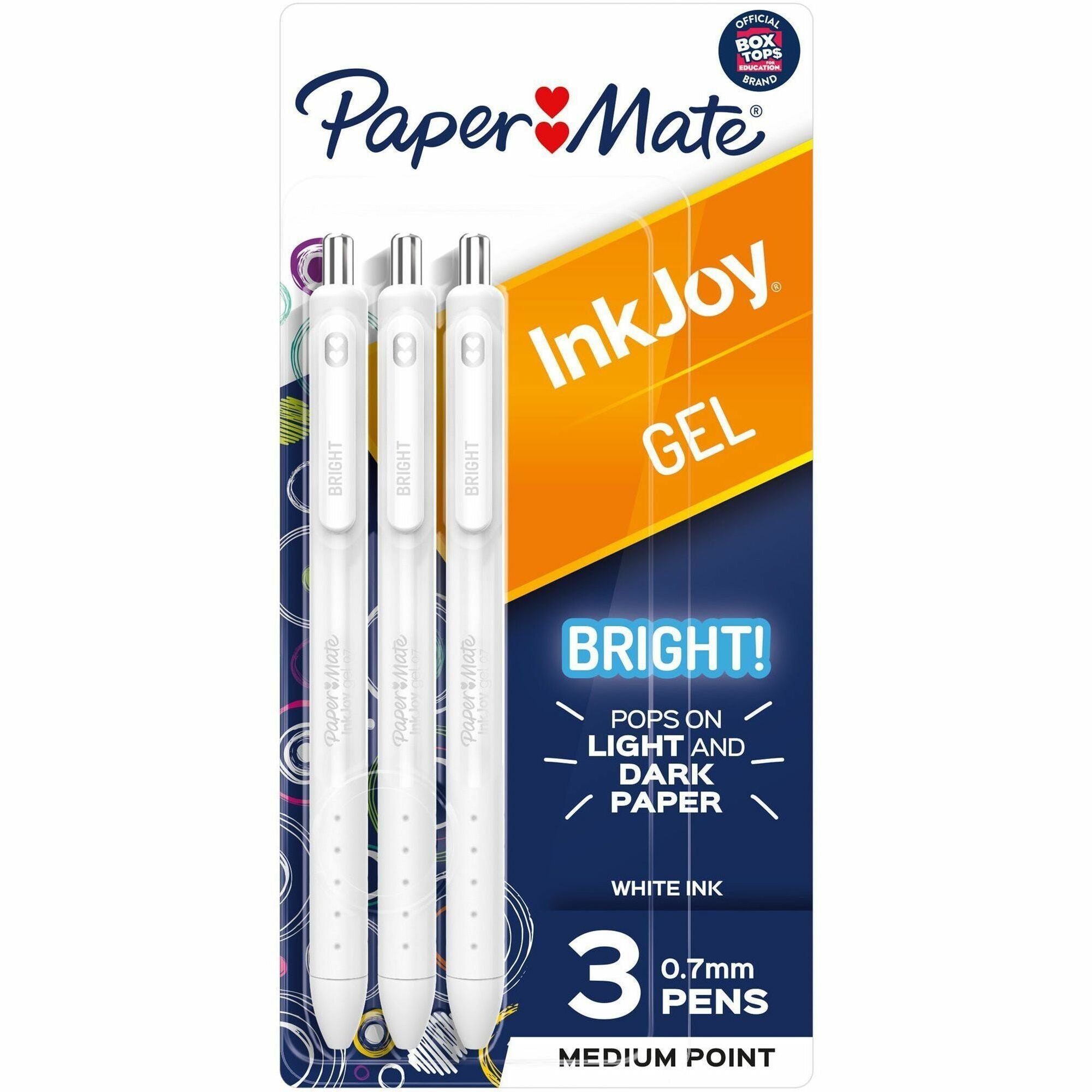 Paper Mate InkJoy Gel Bright! Pens, 0.7mm Medium Point, Retractable, White Ink, Gel-Based, 3 Pack