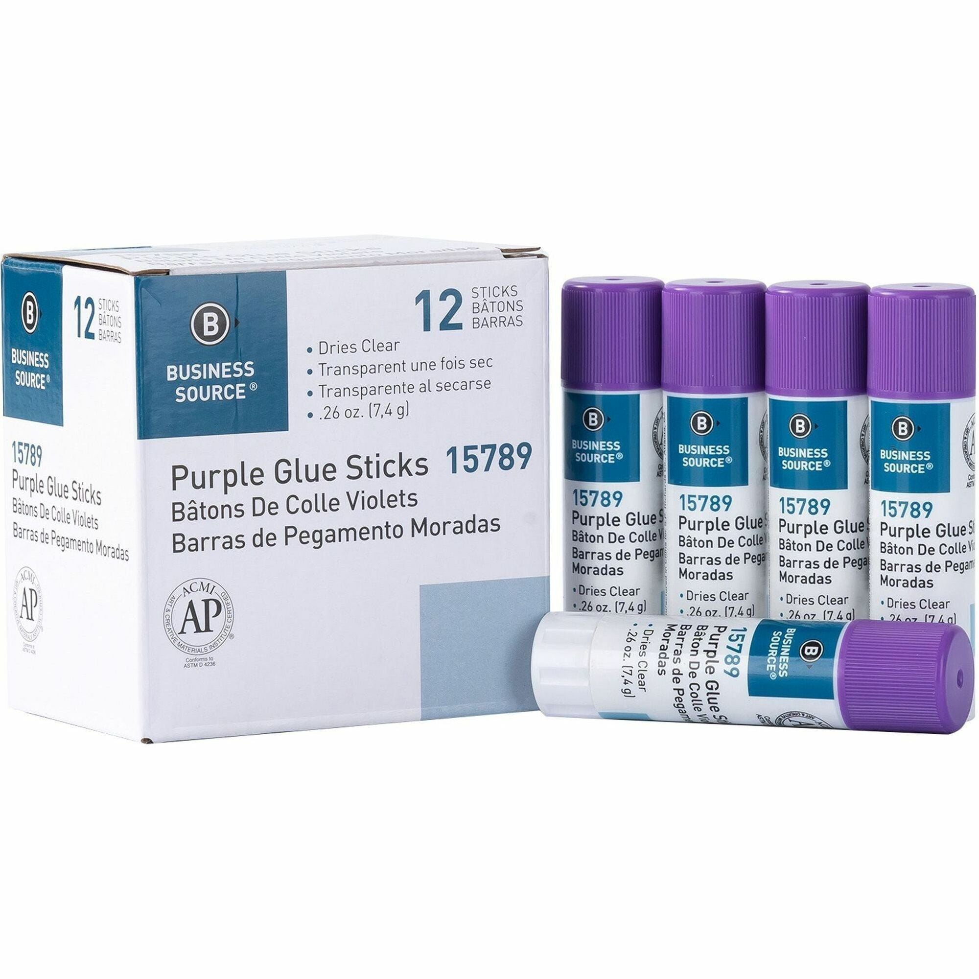 Business Source Bulk Purple Glue Sticks, 0.26 oz, Purple, 12 per Box