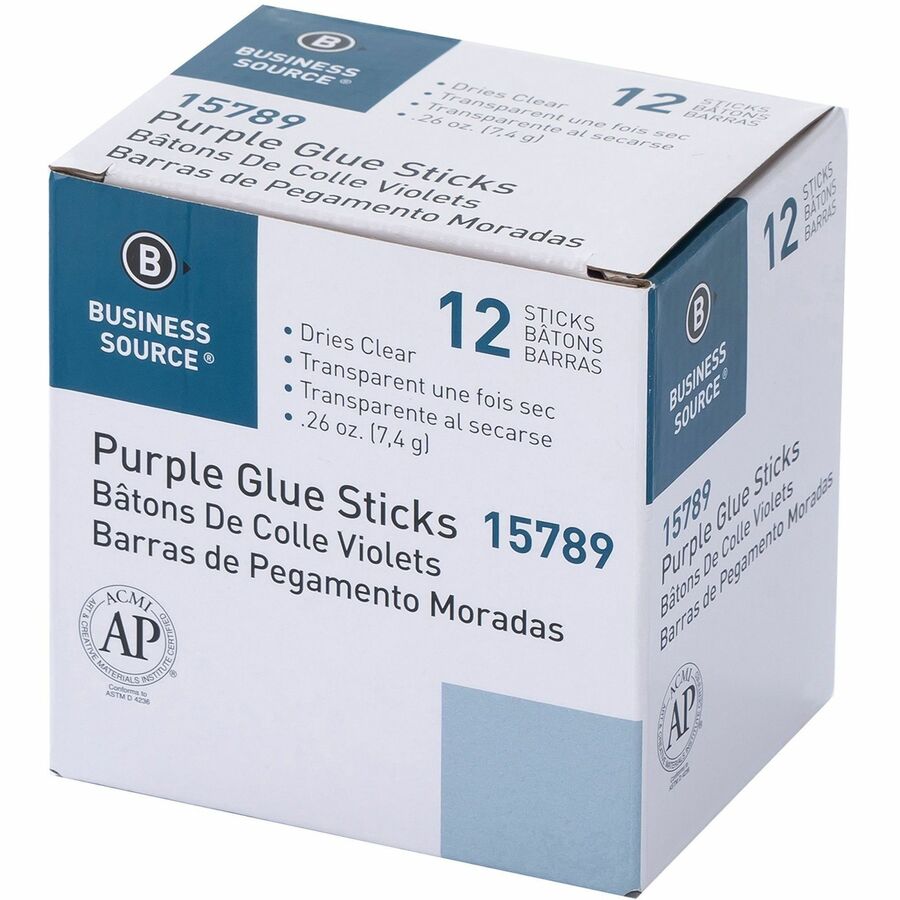 Business Source Bulk Purple Glue Sticks, 0.26 oz, Purple, 12 per Box