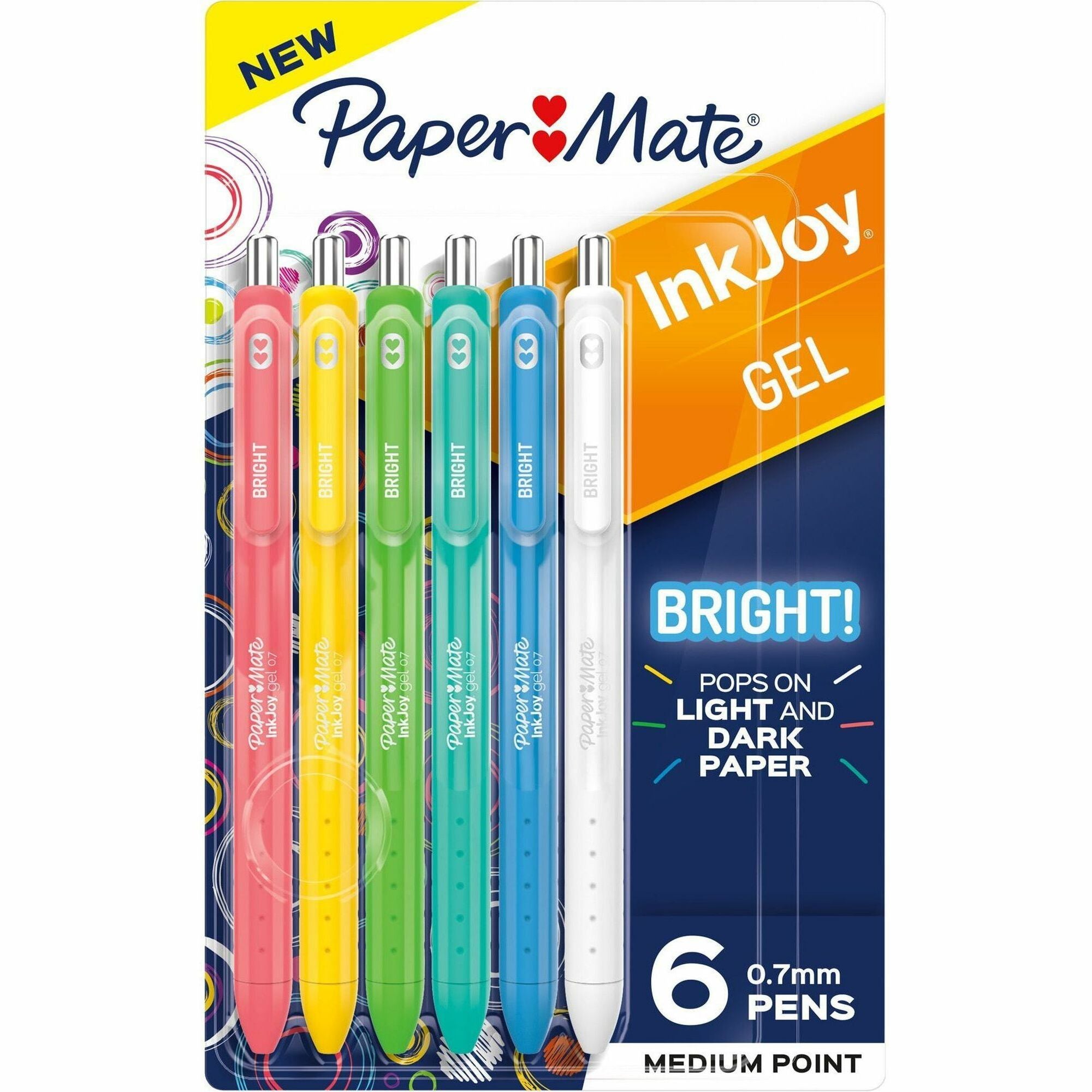 Paper Mate InkJoy Gel Bright! Pens, Medium Point (0.7mm), Retractable, Assorted Ink & Barrel Colors, 6 Pack