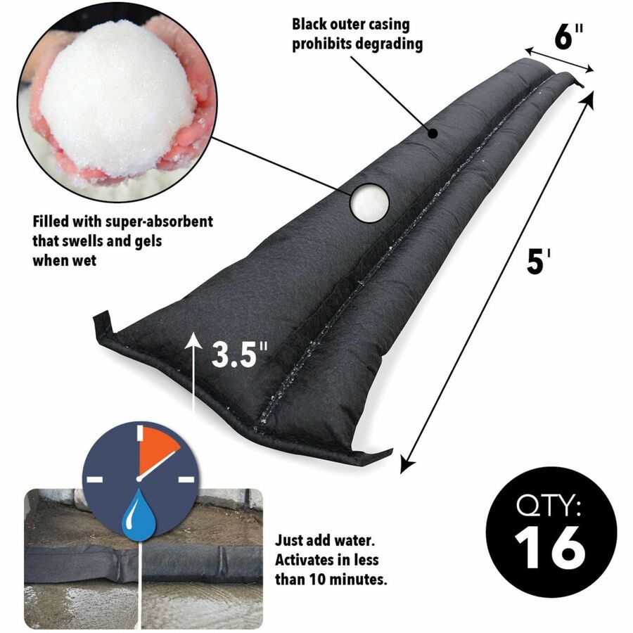 Quick Dam Flood Barriers, 3.5" Height, Black, 16 per Carton