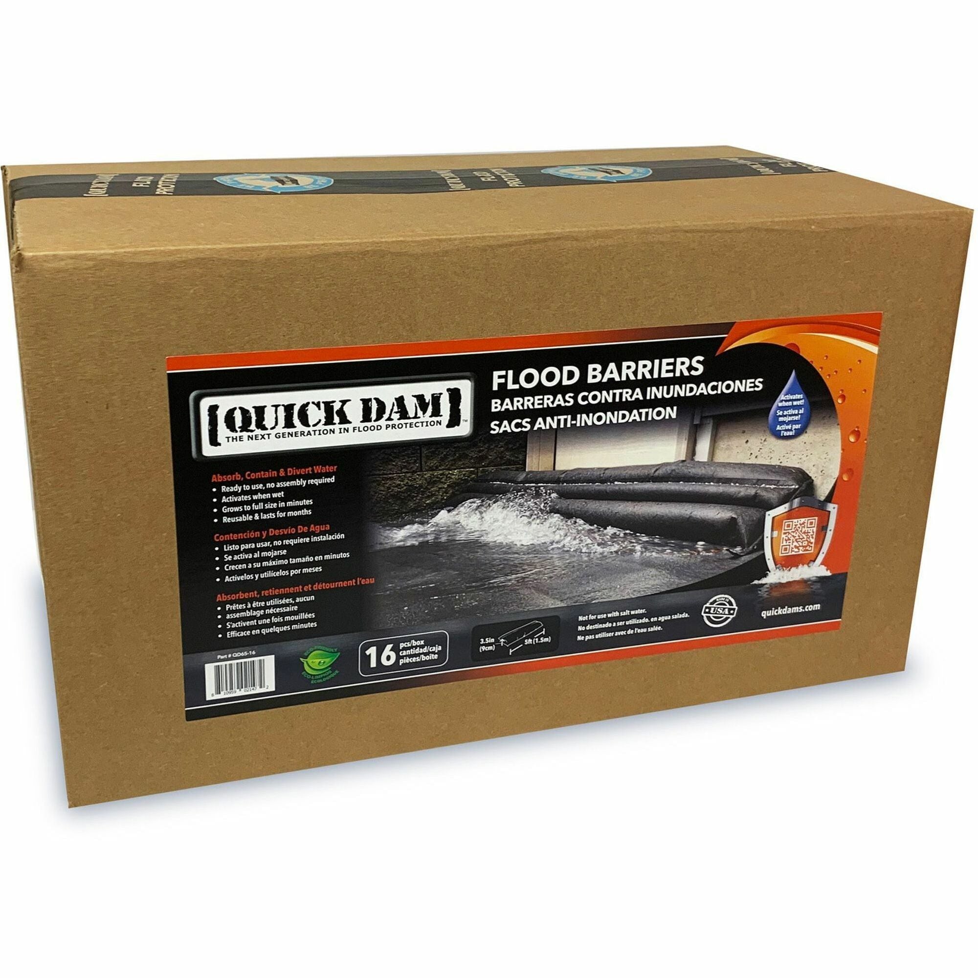 Quick Dam Flood Barriers, 3.5" Height, Black, 16 per Carton