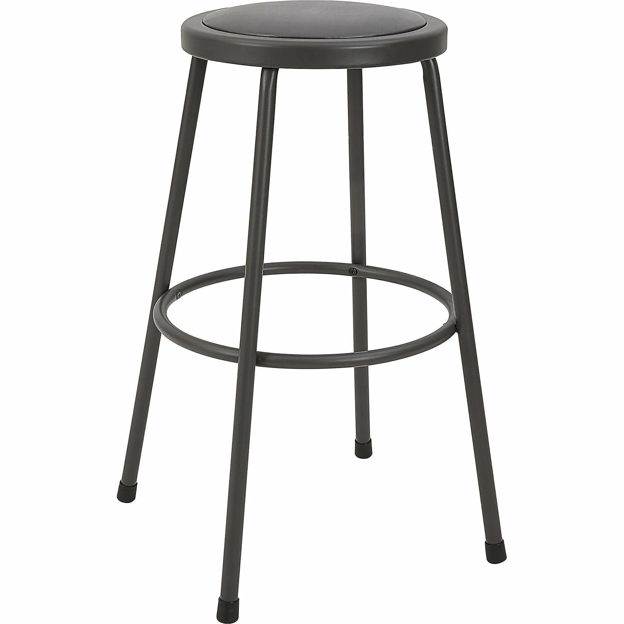 Lorell Metal Shop Stool, Light Gray, Vinyl Padded Seat, Metal Frame, 30" Height, Backless, Foot Ring, Non-marring Floor Glides, 1 Each