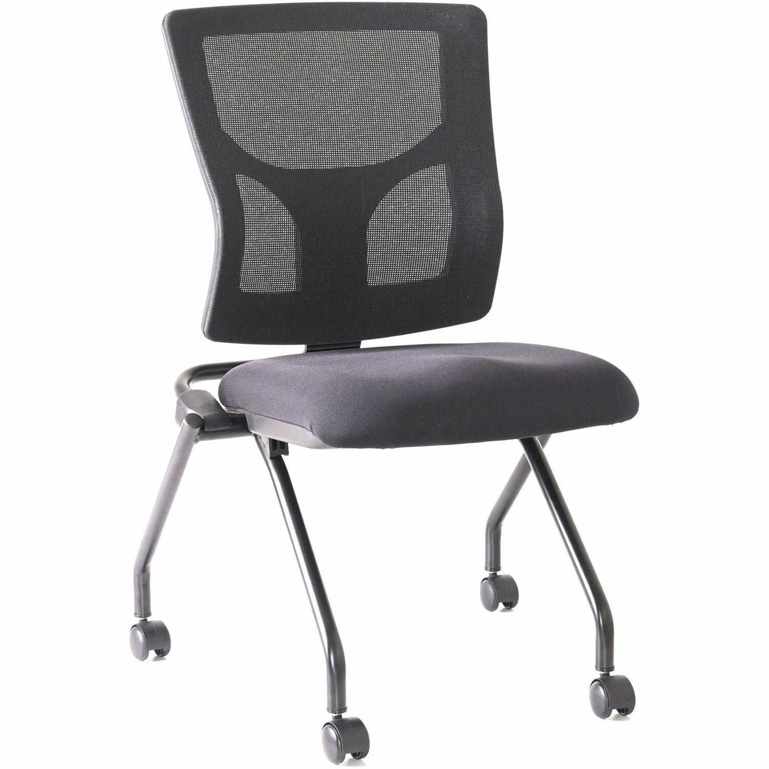 Lorell Conjure Mesh Training Chairs, Black, Polyurethane/Molded Foam/Fabric Seat, Mesh Back, Powder-Coated Metal Legs, Casters, 2 Chairs per Carton