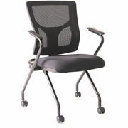Lorell Conjure Mesh Training Chairs with Arms, Black, Polyurethane/Molded Foam/Fabric Seat, Fixed Armrest, Mesh Back, Powder-Coated Metal Legs, Casters, 2 per Carton