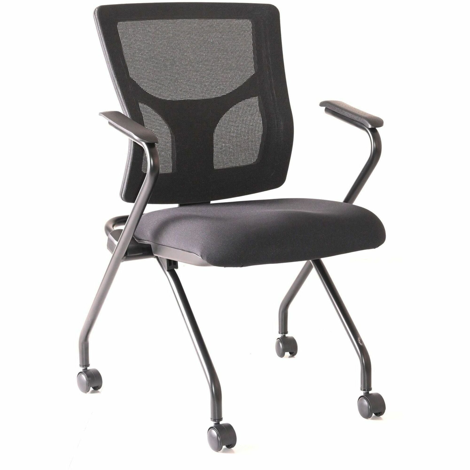 Lorell Conjure Mesh Training Chairs with Arms, Black, Polyurethane/Molded Foam/Fabric Seat, Fixed Armrest, Mesh Back, Powder-Coated Metal Legs, Casters, 2 per Carton