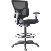 Lorell Conjure Office Stool, Black, Fabric/Polyurethane/Molded Foam Seat, Mesh Back, Adjustable Armrests, 360° Swivel, Footrest, Nylon Base, Casters, 1 Each