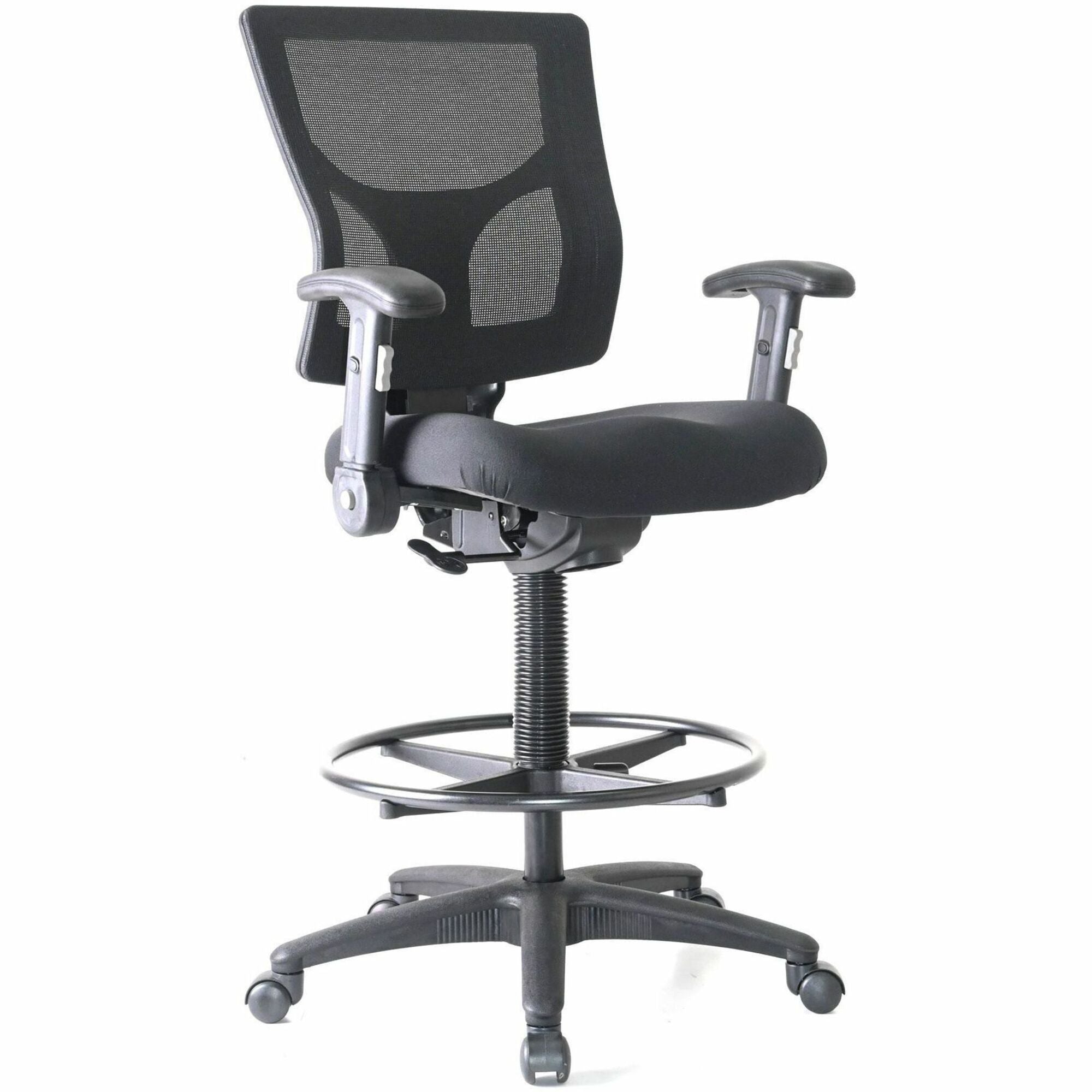 Lorell Conjure Office Stool, Black, Fabric/Polyurethane/Molded Foam Seat, Mesh Back, Adjustable Armrests, 360° Swivel, Footrest, Nylon Base, Casters, 1 Each