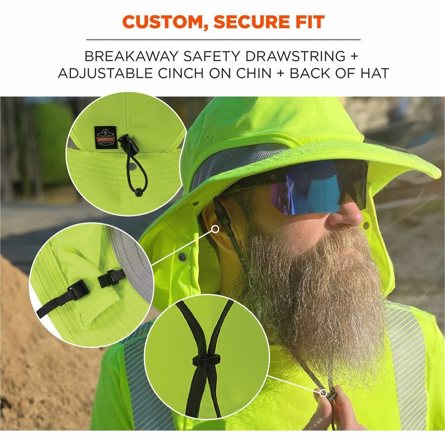 Ergodyne 8934 Ranger Hat with Neck Shade - Small (S)/Medium (M) Size - Polyester, MicroFiber - Lime