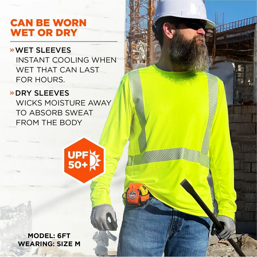Ergodyne 6688 Cooling Hi-Vis Sun Shirts - Small Size - Fabric, MicroFiber, Polyester, Spandex - Lime