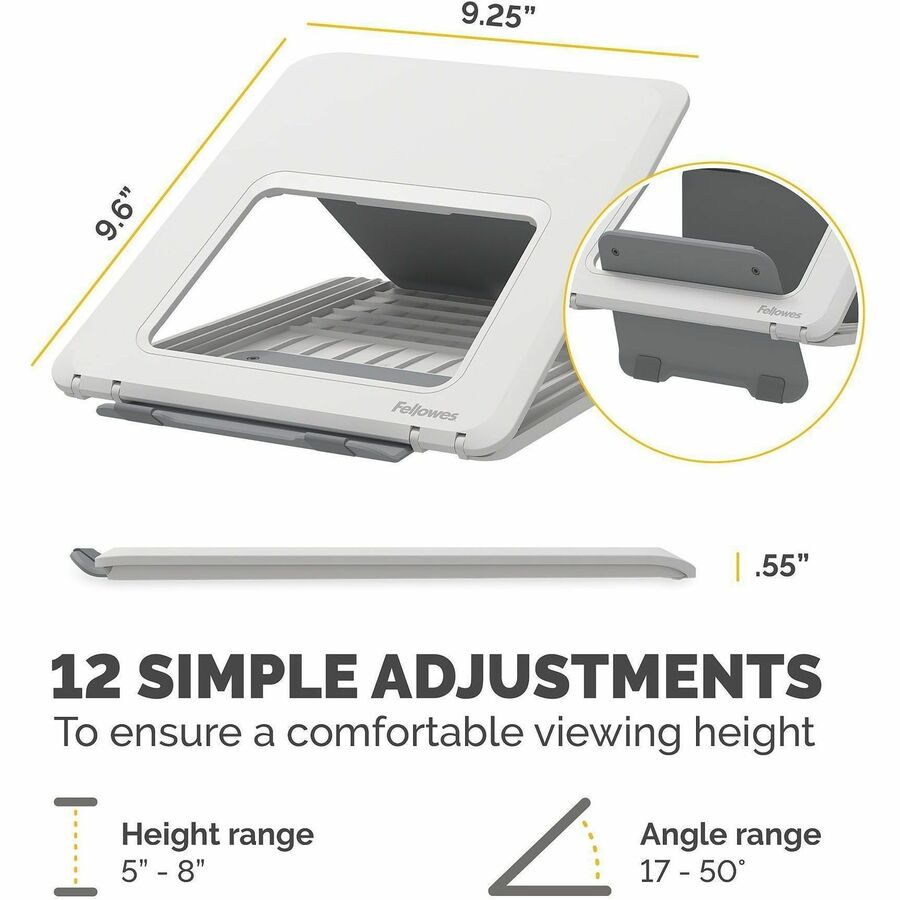 Up to 14" Screen Support - 8.80 lb Load Capacity - 0.50" Height x 9.20" Width x 10.50" Depth - White - For Notebook - Adjustable Height, Ergonomic, Adjustable, Compact, Lightweight, Portable