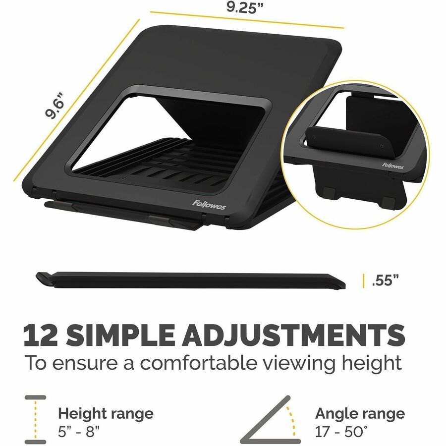 Up to 14" Screen Support - 8.80 lb Load Capacity - 0.50" Height x 9.25" Width x 10.50" Depth - Black - For Notebook - Adjustable Height, Ergonomic, Compact, Lightweight, Portable, Adjustable