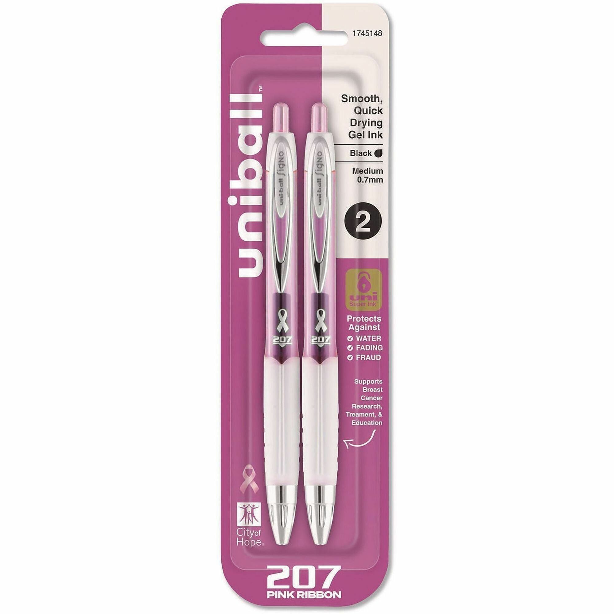 0.7 mm Medium Pen Point - Refillable - Retractable - Black Ink - Pigment-based, Liquid Gel Ink - Pink Barrel - Writing - 2 / Pack