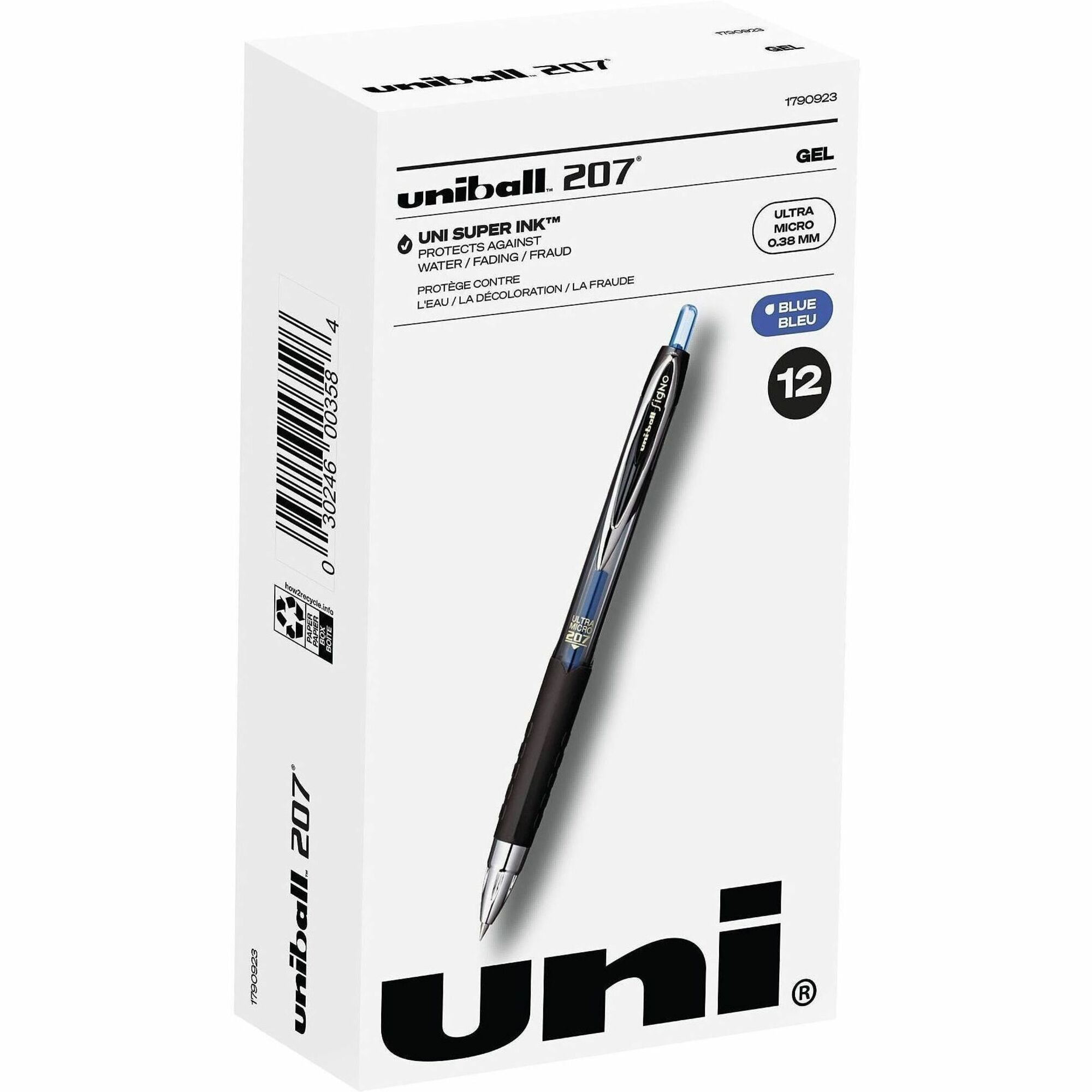 uniball™ 207 Gel Pens - Retractable - Blue Ink - Pigment-based, Gel-based - Stainless Steel Tip - Office, Home, Classroom, Writing - 1 Dozen