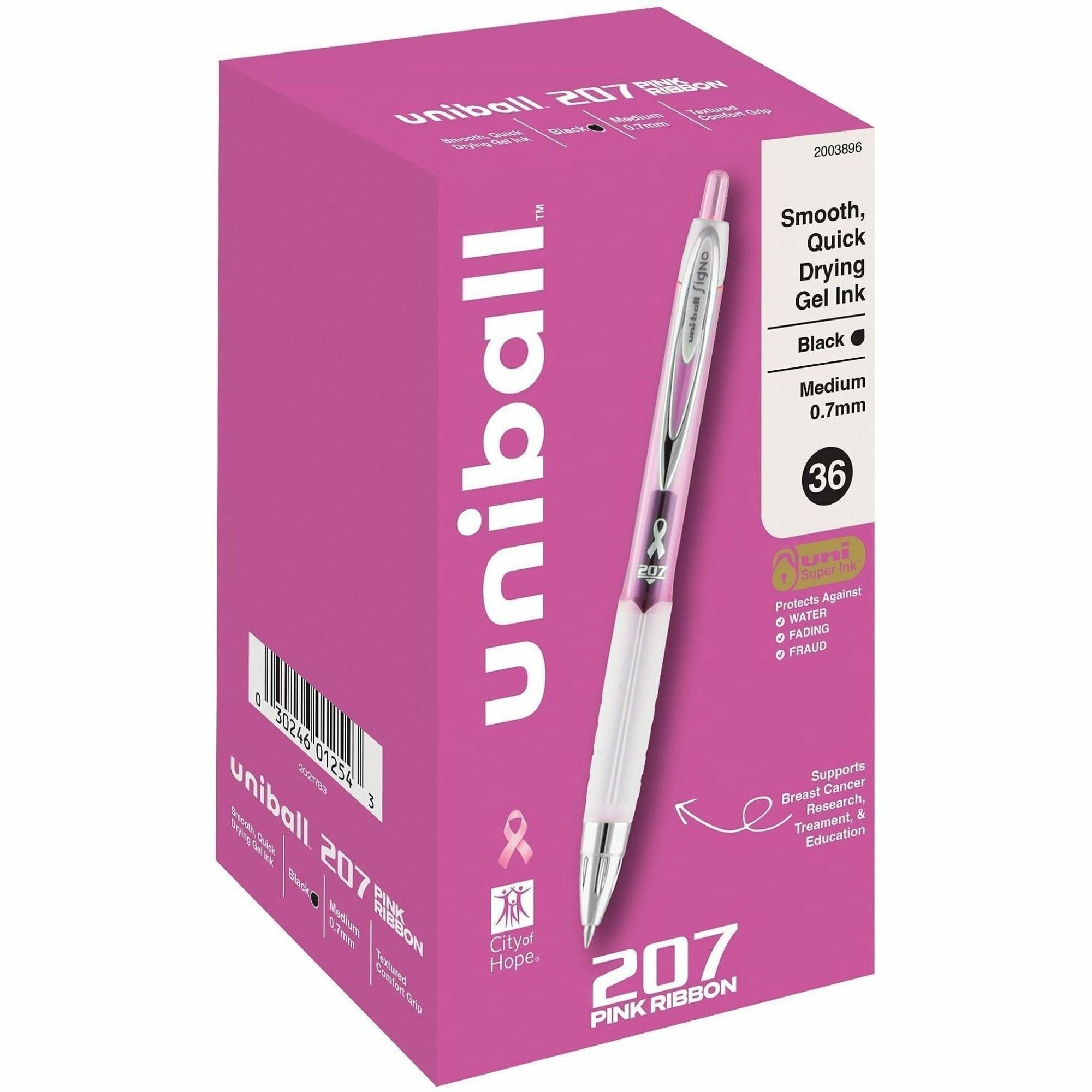uniball™ 207 Gel Pens - 0.7 mm Medium Pen Point - Retractable - Black Ink - Pigment-based, Gel-based - Pink Barrel - 36 / Box