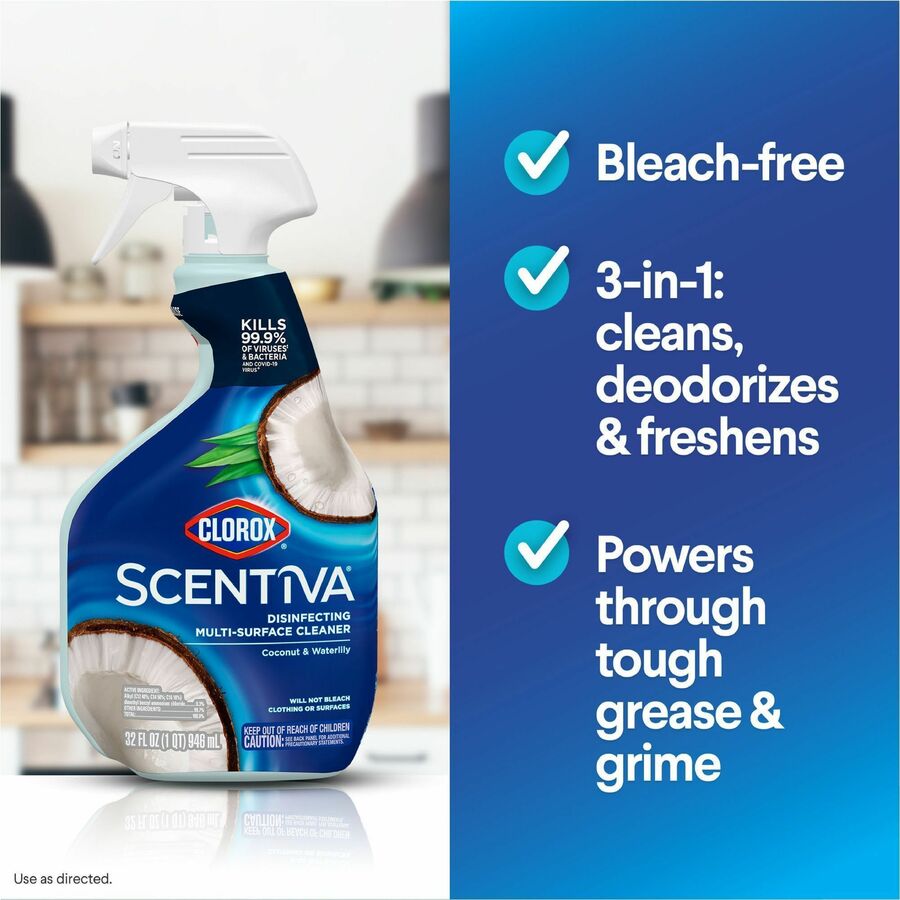 Clorox Scentiva Multi-Surface Cleaner - For Multi Surface, Home, Multipurpose - Spray - 32 fl oz (1 quart) - Coconut & Water Lily Scent - Bleach-free, Disinfectant, Long Lasting, Freshen, Deodorize - Blue - 1 Each
