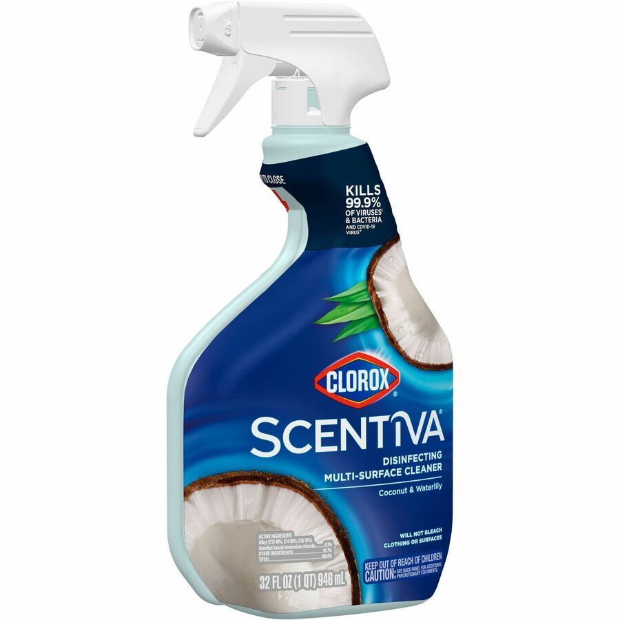 Clorox Scentiva Multi-Surface Cleaner - For Multi Surface, Home, Multipurpose - Spray - 32 fl oz (1 quart) - Coconut & Water Lily Scent - Bleach-free, Disinfectant, Long Lasting, Freshen, Deodorize - Blue - 1 Each