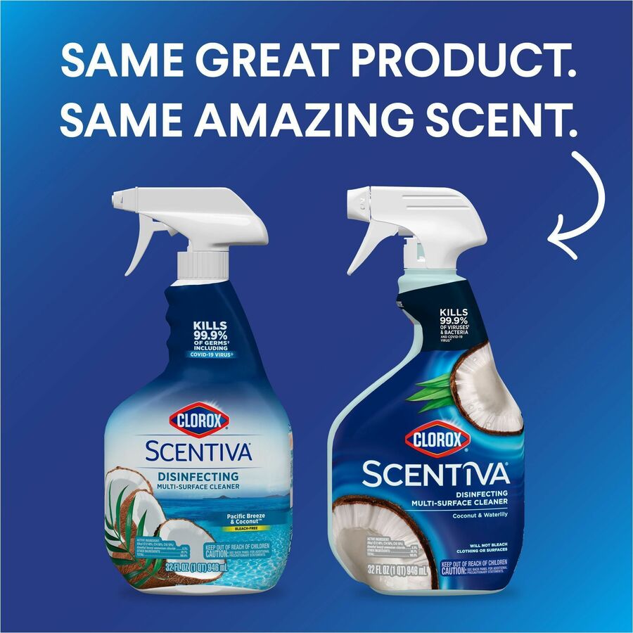 Clorox Scentiva Multi-Surface Cleaner - For Multi Surface, Home, Multipurpose - Spray - 32 fl oz (1 quart) - Coconut & Water Lily Scent - Bleach-free, Disinfectant, Long Lasting, Freshen, Deodorize - Blue - 1 Each