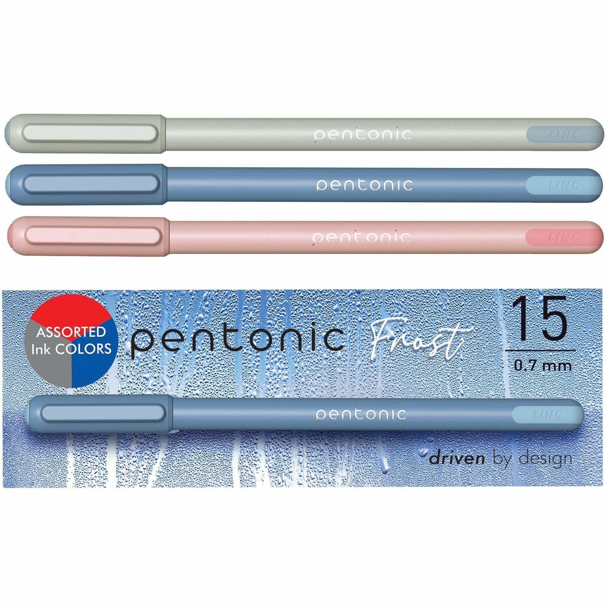 Pentonic Frosted Barrel Ballpoint Pens - 0.7 mm Fine Pen Point - Assorted Ink - Frost Barrel - 15 / Box