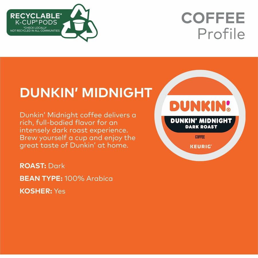 Dunkin'&reg; K-Cup Midnight Coffee - Compatible with Keurig Brewer - Dark - K-Cup - Dunkin' Midnight - Kosher - 22 / Box