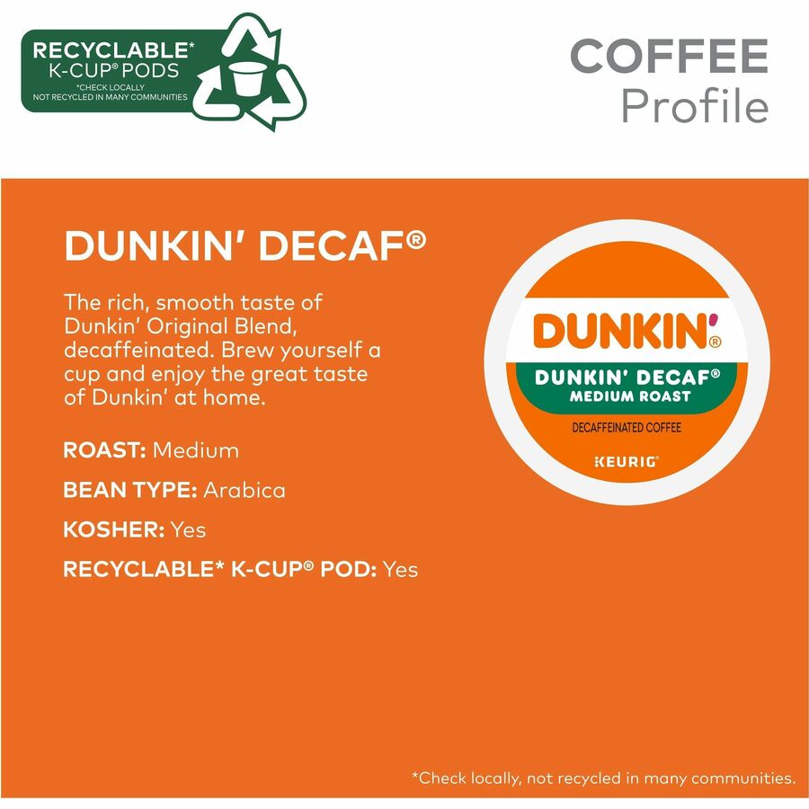 Dunkin'&reg; K-Cup Decaf Coffee - Compatible with Keurig Brewer - Medium - K-Cup - Decaf - Kosher - Decaffeinated - 22 / Box