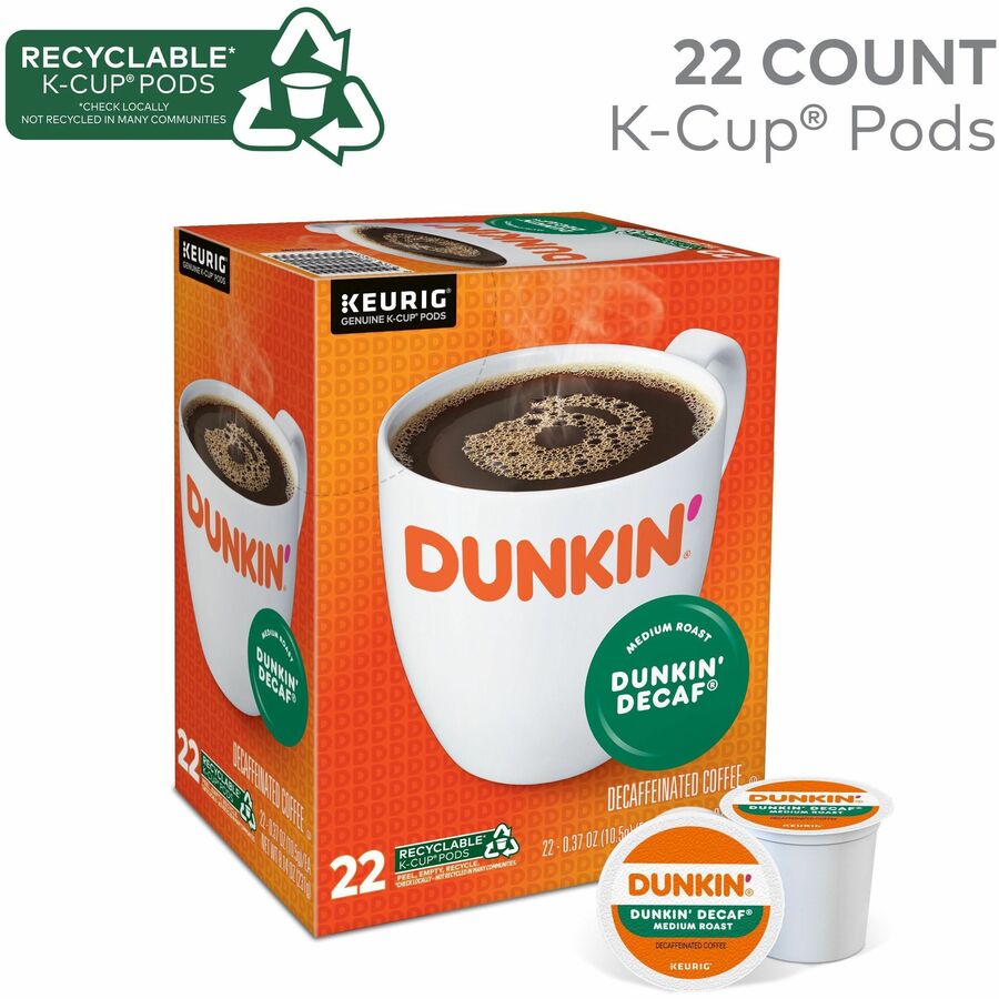 Dunkin'&reg; K-Cup Decaf Coffee - Compatible with Keurig Brewer - Medium - K-Cup - Decaf - Kosher - Decaffeinated - 22 / Box