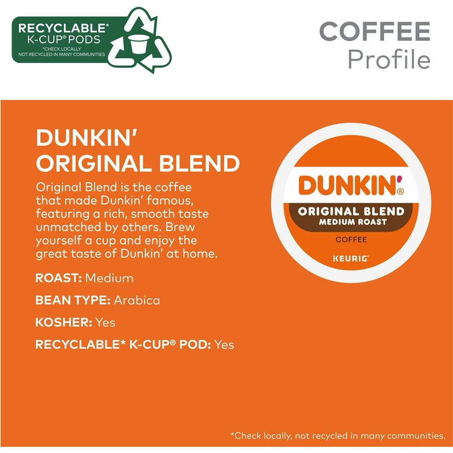 Dunkin'&reg; K-Cup Original Blend Coffee - Compatible with Keurig Brewer - Medium - K-Cup - Original - Kosher - 22 / Box