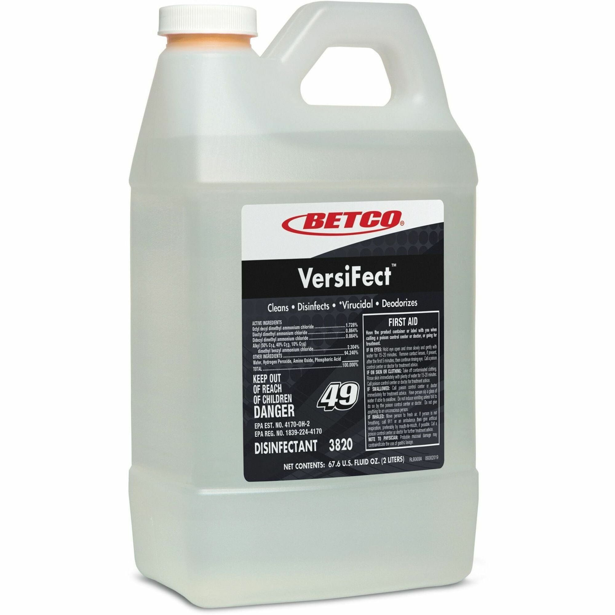 Betco VersiFect FastDraw Disinfectant/Virucide - For Multi Surface, Multipurpose - Concentrate - Liquid - 67.6 fl oz (2.1 quart) - 2 to 8 pH - Fresh Scent - Disinfectant, Deodorize, Virucidal - Black, Clear - 1 Each