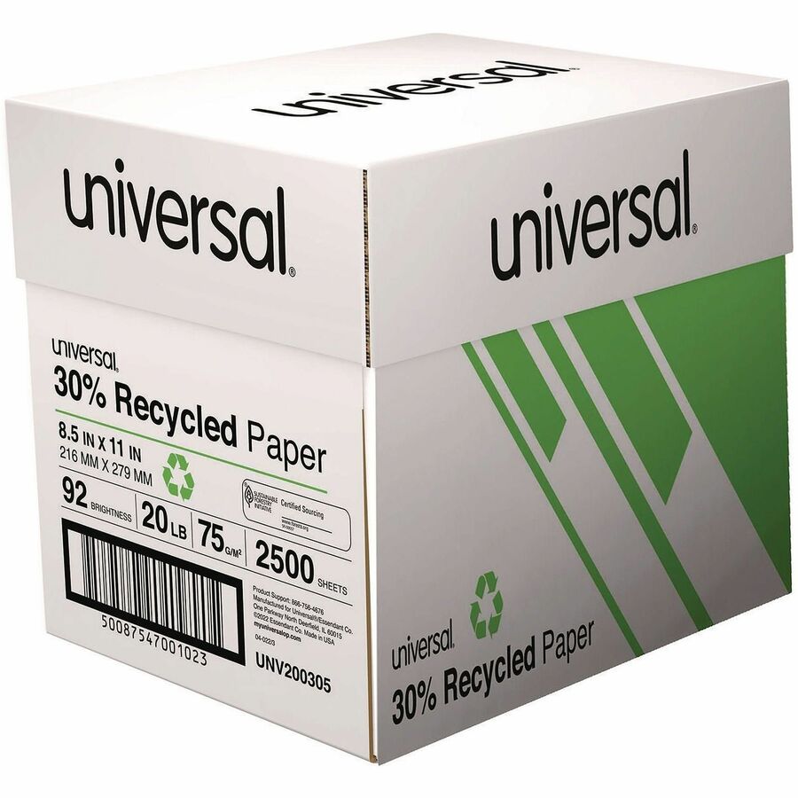 Universal Copy Paper, 92 Brightness, 20 lb, 75 g/m², White, 2500 Sheets (500 Sheets per Ream, 5 Reams per Case)