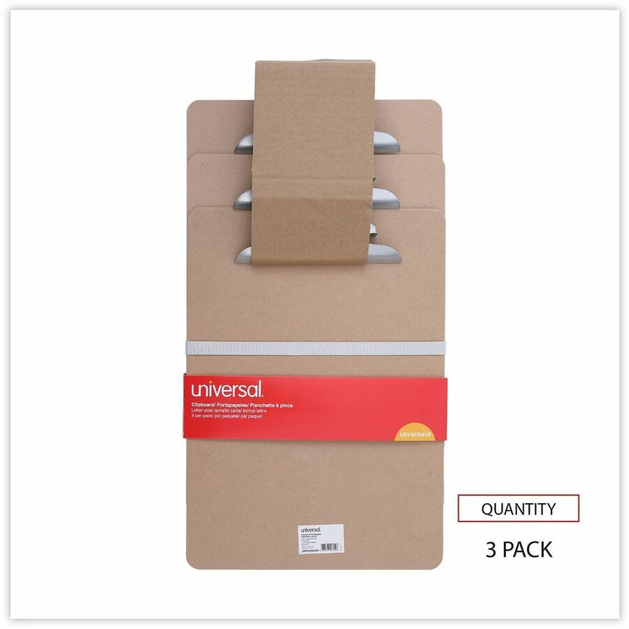 Universal Clipboard, 1.25" Clip Capacity, Hardboard, Brown, 8.5" x 11", 3/Pack