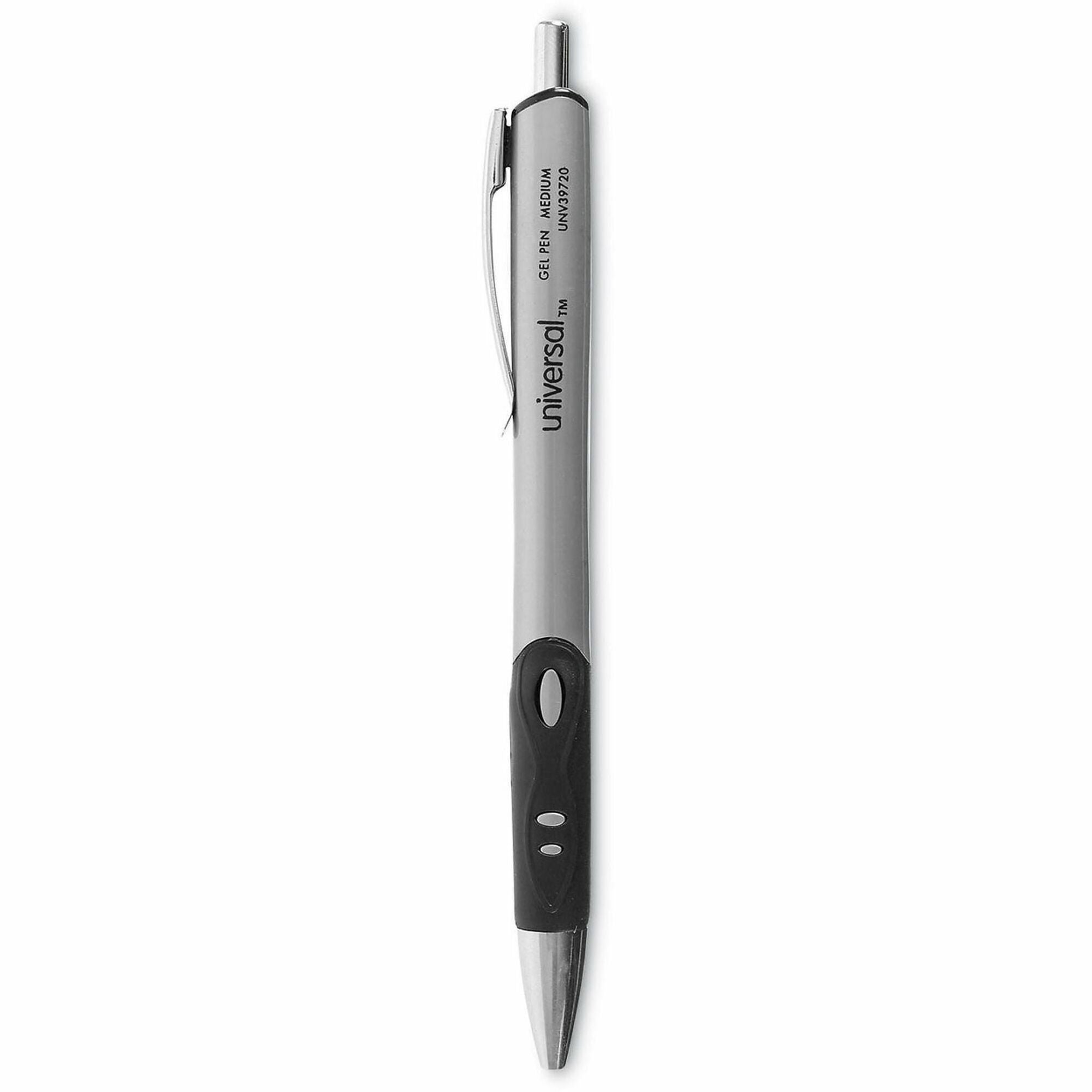 Universal Comfort Grip Gel Pen, 0.7 mm Medium, Retractable, Black Ink, Water Based, Gray/Silver/Black Barrel, Non-slip Rubber Grip, 1 Dozen