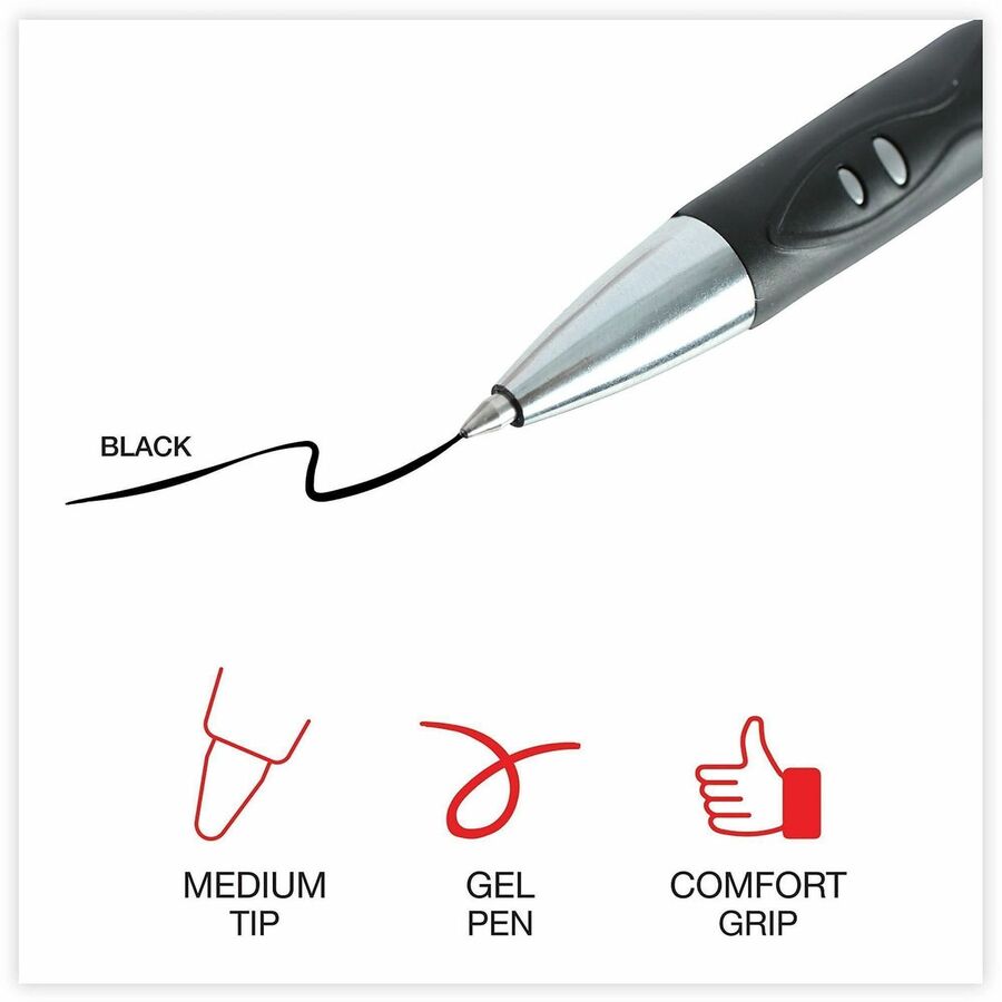 Universal Comfort Grip Gel Pen, 0.7 mm Medium, Retractable, Black Ink, Water Based, Gray/Silver/Black Barrel, Non-slip Rubber Grip, 1 Dozen