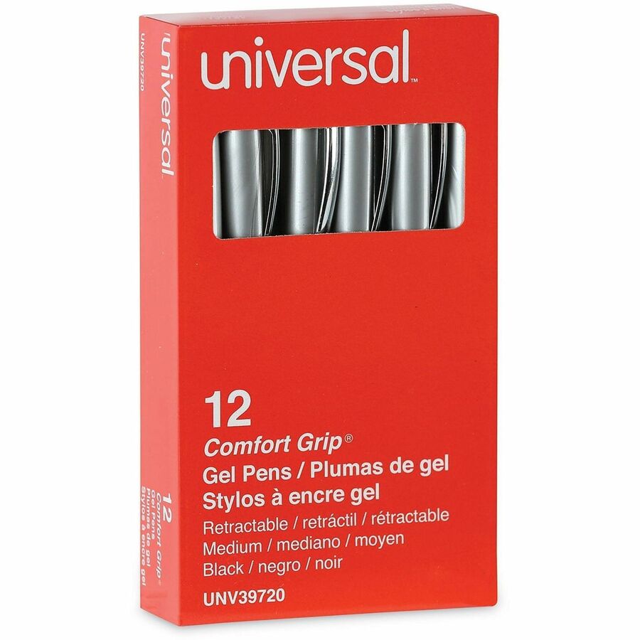 Universal Comfort Grip Gel Pen, 0.7 mm Medium, Retractable, Black Ink, Water Based, Gray/Silver/Black Barrel, Non-slip Rubber Grip, 1 Dozen