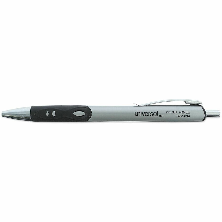 Universal Comfort Grip Gel Pen, 0.7 mm Medium, Retractable, Black Ink, Water Based, Gray/Silver/Black Barrel, Non-slip Rubber Grip, 1 Dozen