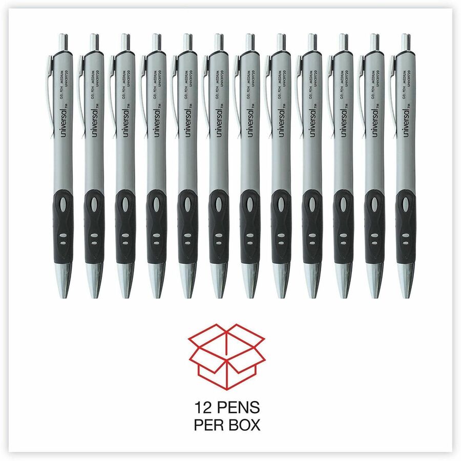 Universal Comfort Grip Gel Pen, 0.7 mm Medium, Retractable, Black Ink, Water Based, Gray/Silver/Black Barrel, Non-slip Rubber Grip, 1 Dozen
