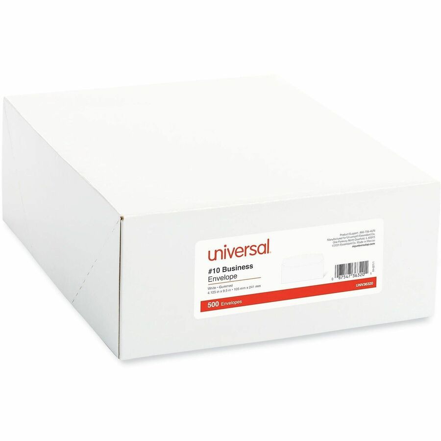 Universal Envelope, Business, #10, 24 lb, Gummed, White, Paper Stock, 500/Box