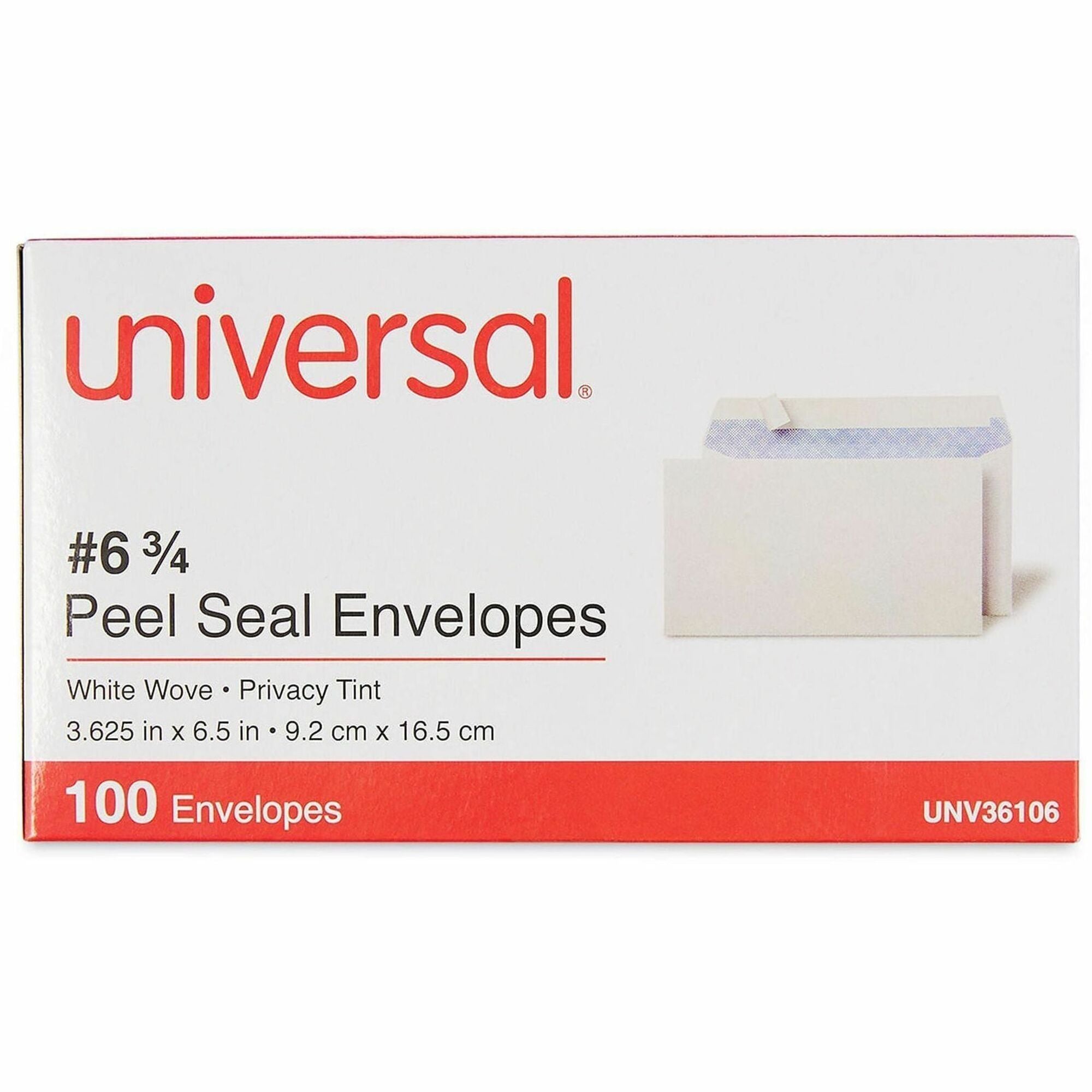 Universal Envelope, Business, #6 3/4, 24 lb, Self Adhesive, White, Paper Stock, 100/Box