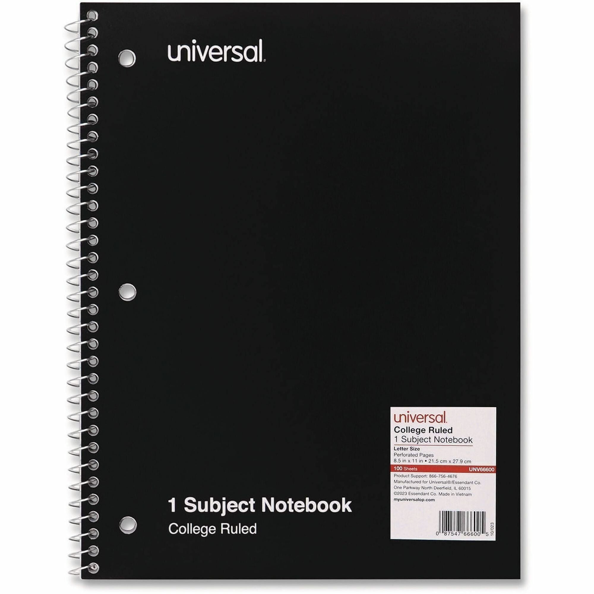 Universal Notebook, 1 Subject, 100 Sheets, Spiral Bound, College/Medium Ruled, Letter Size 11" x 8.5", Black Paperboard Cover