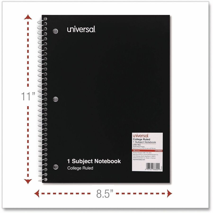 Universal Notebook, 1 Subject, 100 Sheets, Spiral Bound, College/Medium Ruled, Letter Size 11" x 8.5", Black Paperboard Cover