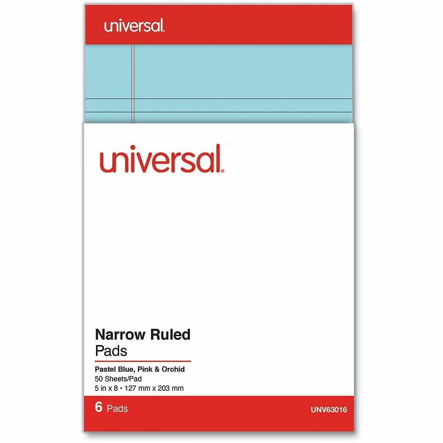 Universal Notepad, 1 Subject, Tape Bound, Narrow Ruled, 5" x 8", Assorted Pastel Paper, Paperboard Cover, 6 Pack