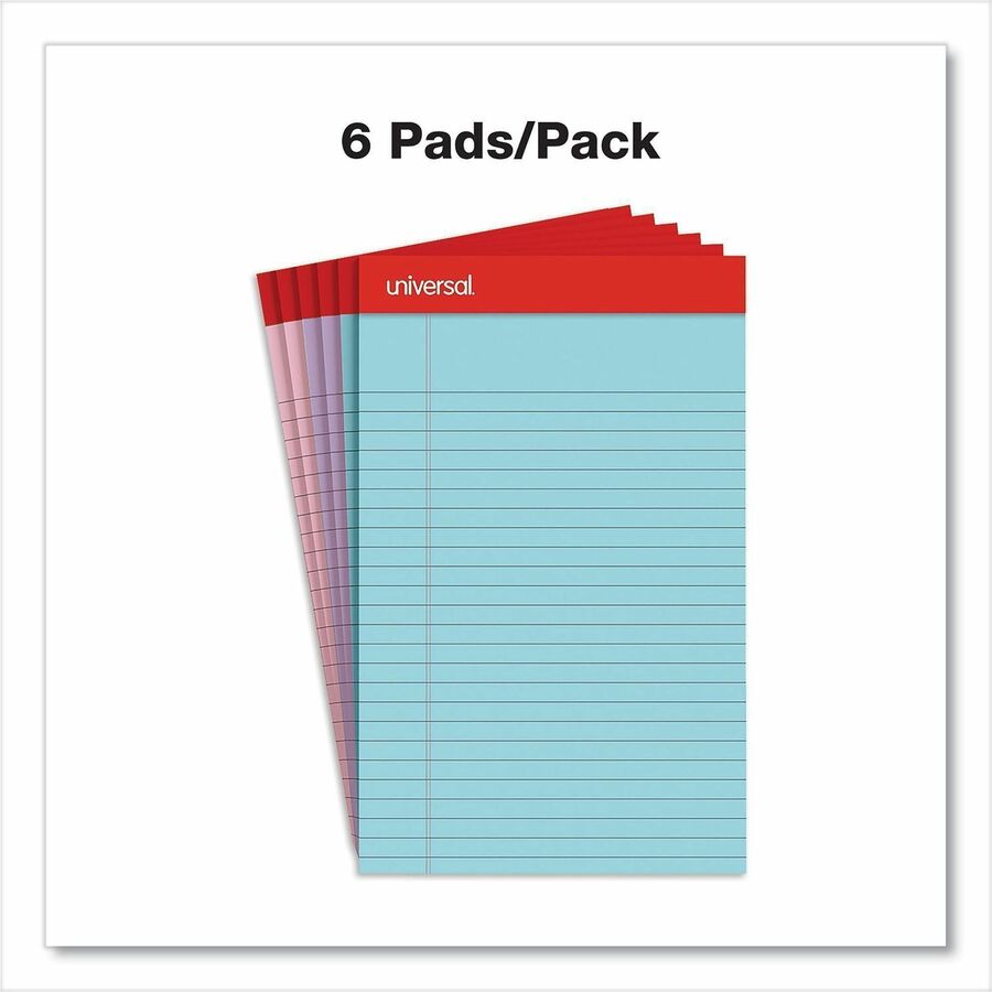 Universal Notepad, 1 Subject, Tape Bound, Narrow Ruled, 5" x 8", Assorted Pastel Paper, Paperboard Cover, 6 Pack