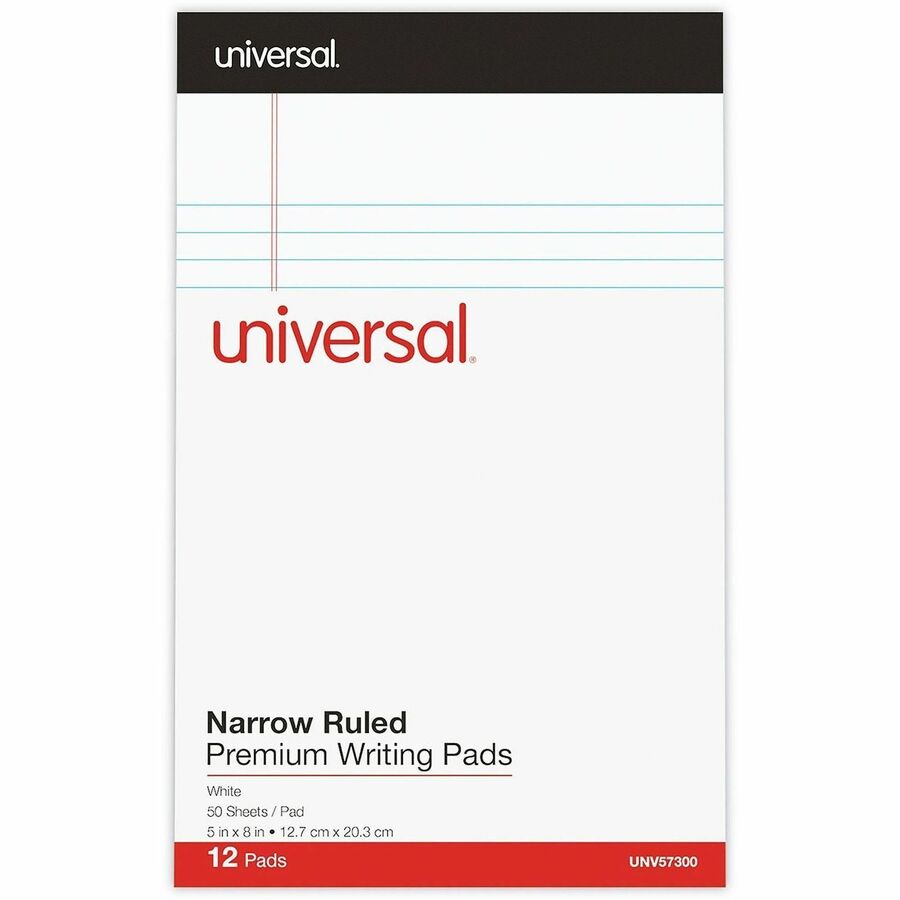 Universal Notepad, 1 Subject, Tape Bound, Narrow Ruled Margin, 5" x 8", White Paper, Chipboard Cover, 12 Pack